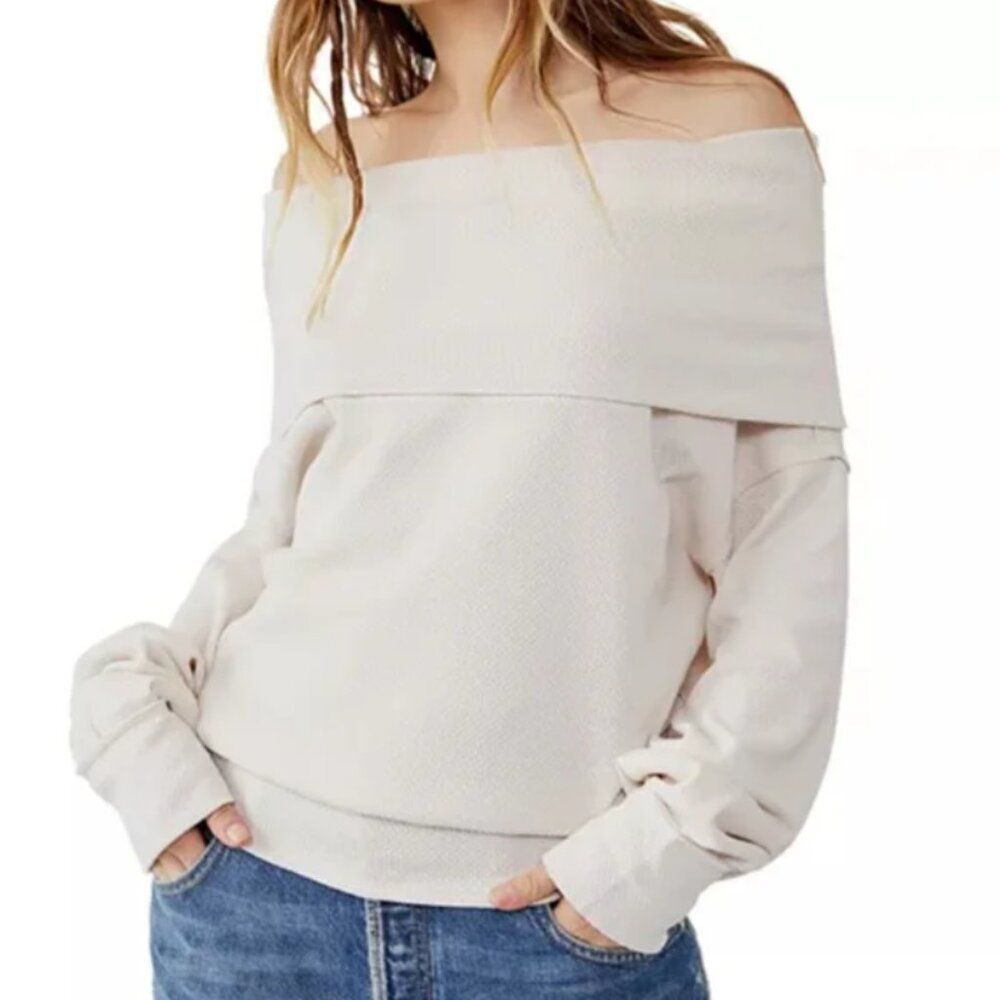 Free People We the Free Cream Hazy Heart Thermal Off Shoulder Sweater Size Small